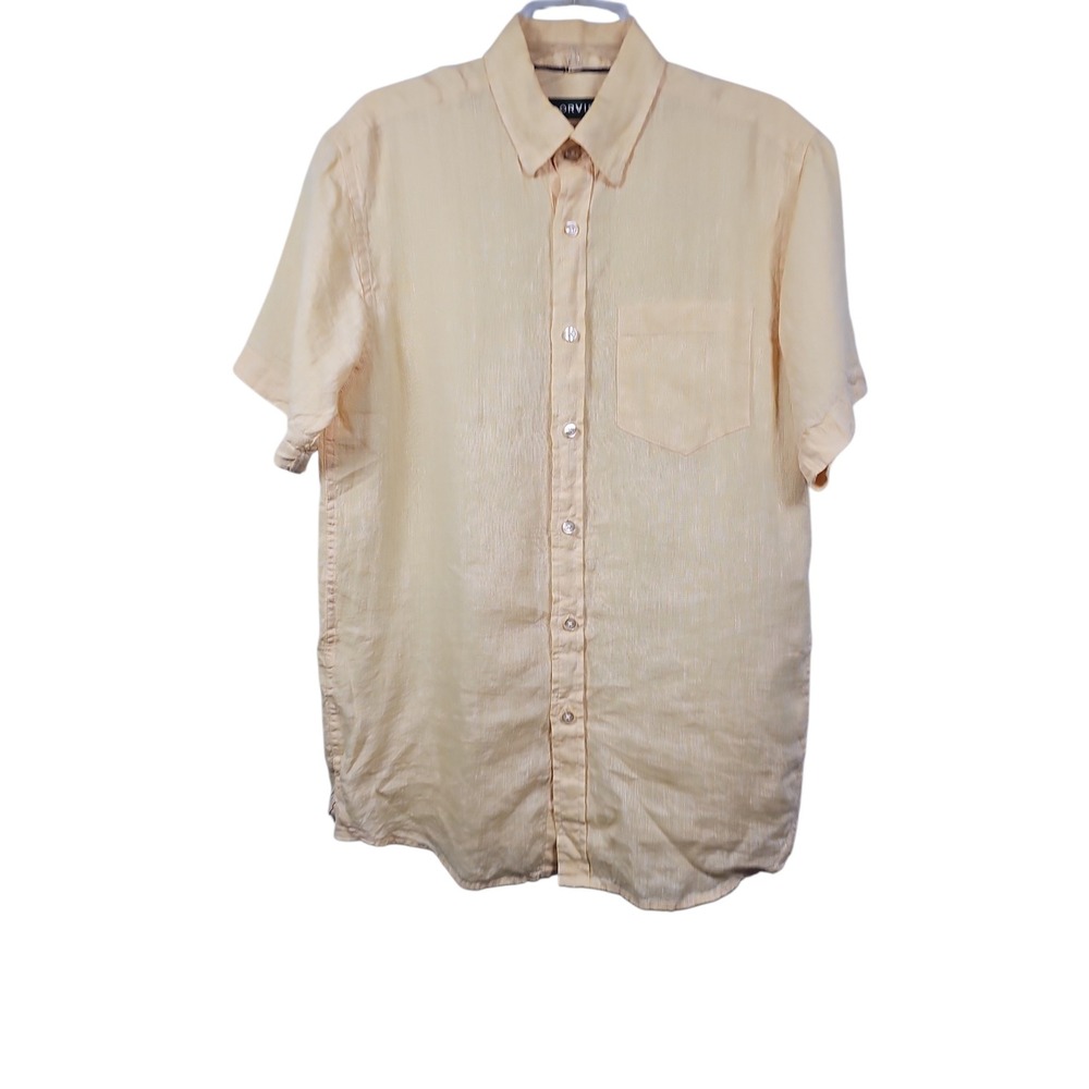 Orvis Button Front Shirt Short Sleeve 100% Linen Butter Yellow Mens Size M